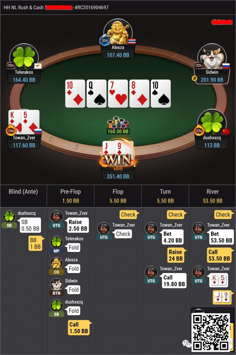 牌局分析：NL10练习场，有时候顺子也只是抓鸡牌