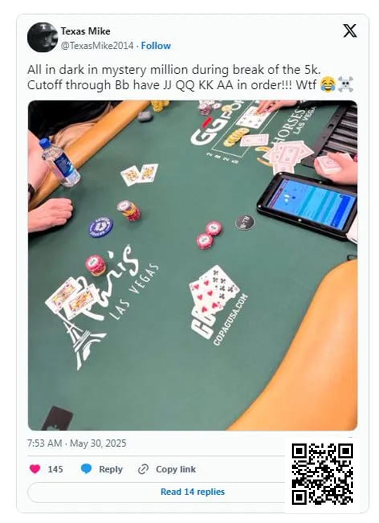 WSOP的神奇时刻：Michael Moncek在盲注位全下，没想到身后有JJ、QQ、KK和AA